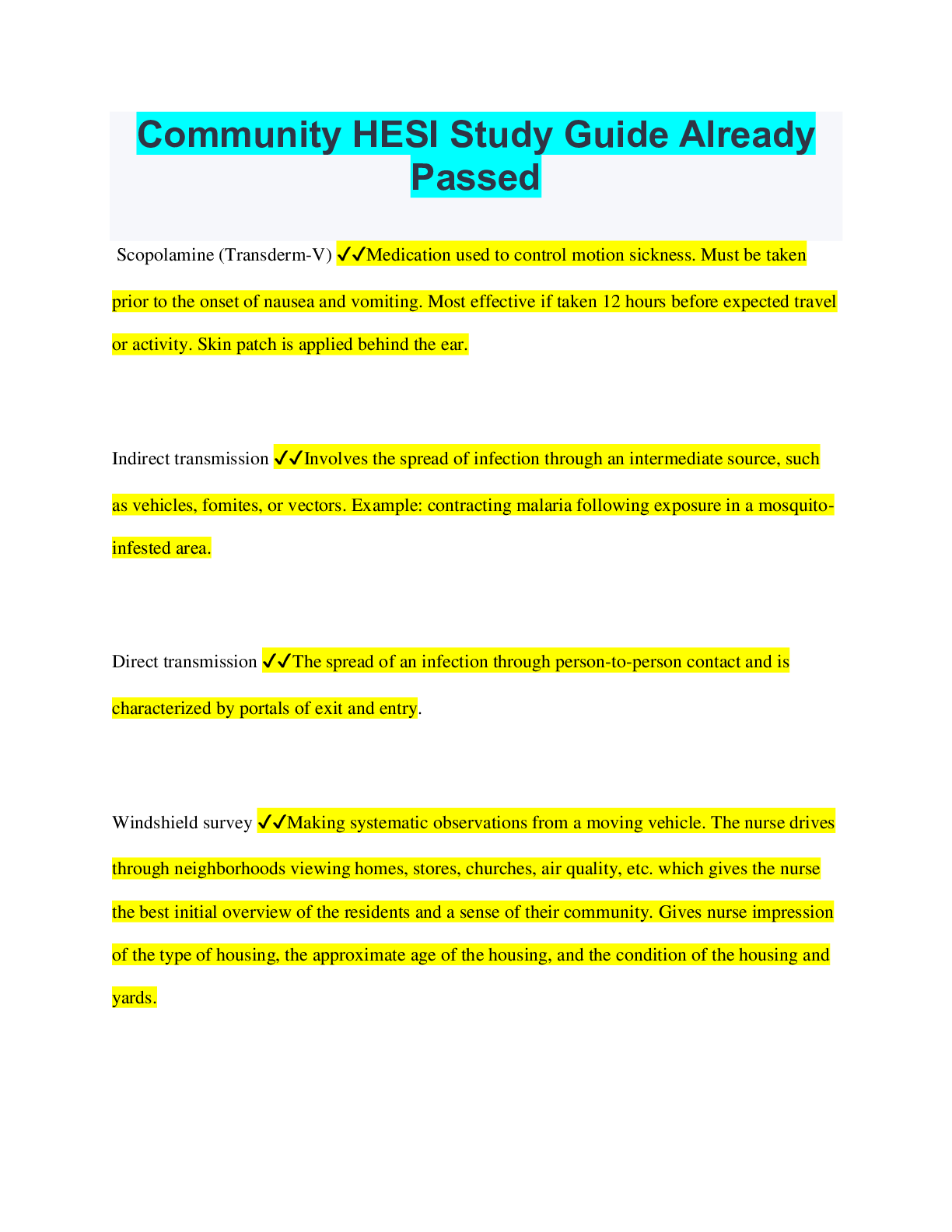 Preview image of Community HESI Study Guide Already Passed document